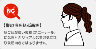 【髪の毛を結ぶ高さ】／【NG】結び目が高い位置（ポニーテール）になるとカジュアルな雰囲気になり就活向きではありません。