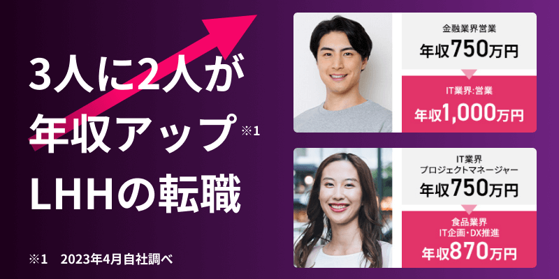 3人に2人が年収アップ ※1 LHHの転職 ※1 2023年4月自社調べ 金融業界営業 年収750万円 IT業界：営業 年収1,000万円 IT業界プロジェクトマネージャー 年収750万円 食品業界IT企画・DX推進 年収870万円